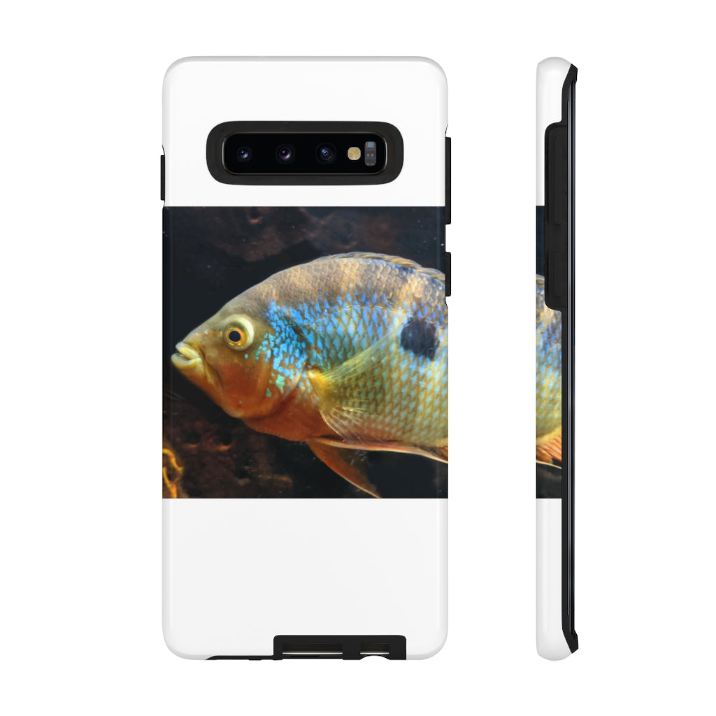 Brown and orange fish design tough phone case with dual-layer protection and clear ports.
