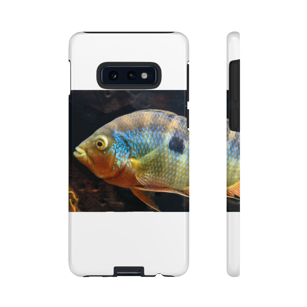 Brown and orange fish design tough phone case with dual-layer protection and clear ports.