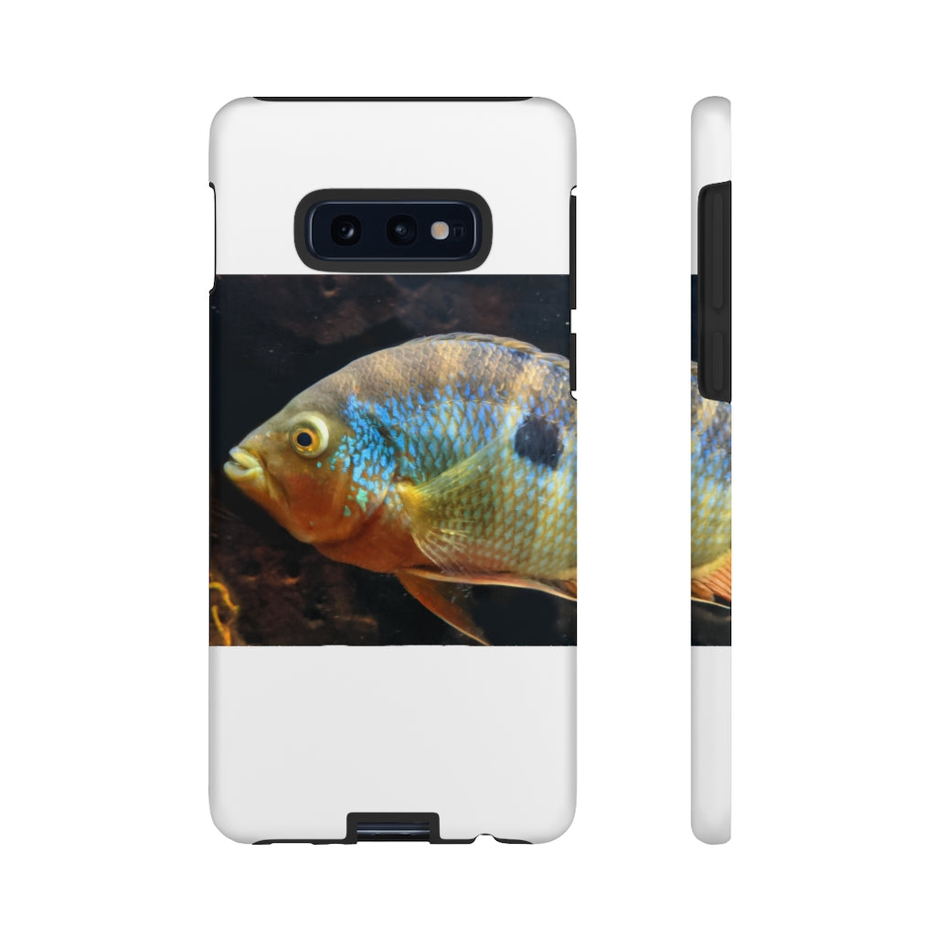 Brown and orange fish design tough phone case with dual-layer protection and clear ports.