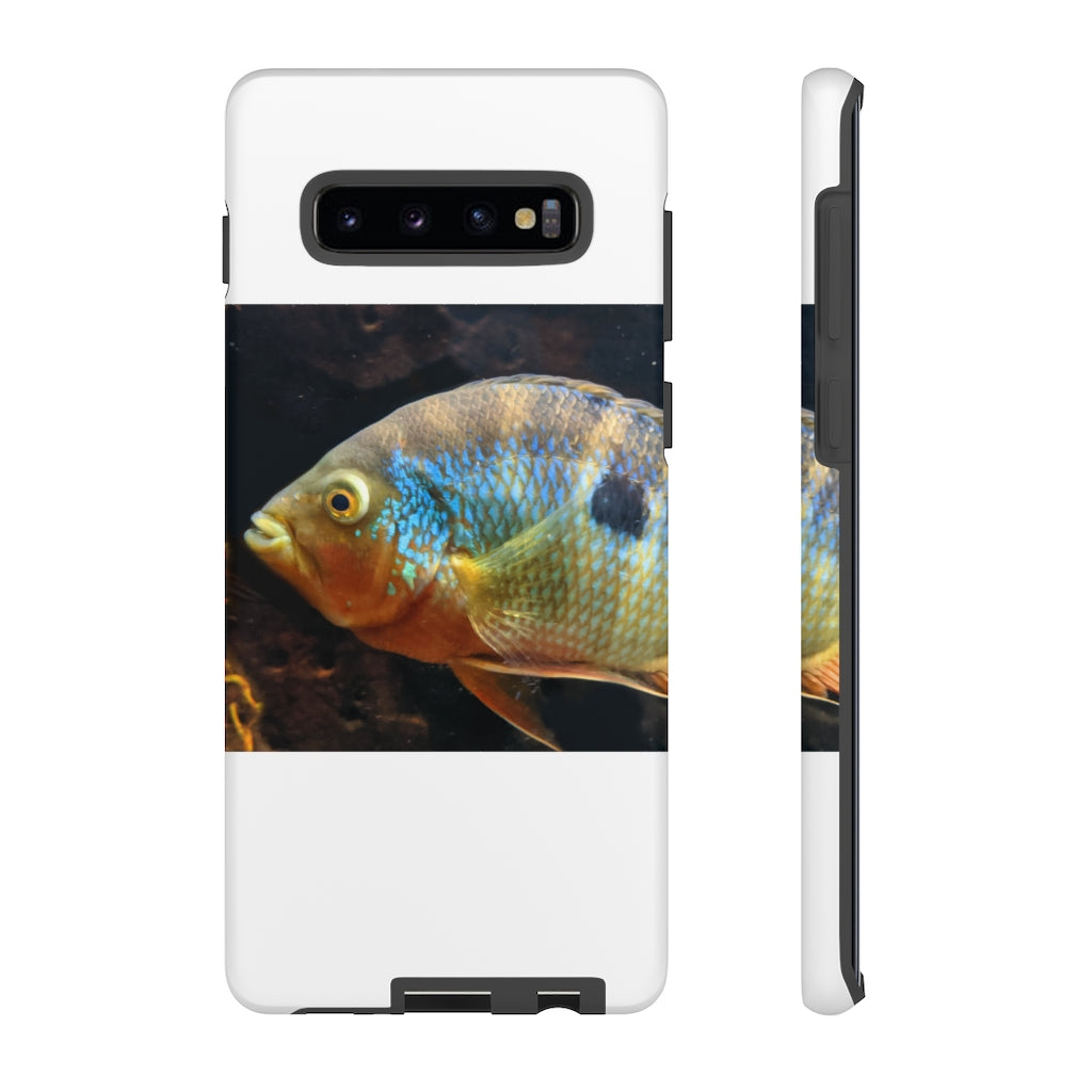 Brown and orange fish design tough phone case with dual-layer protection and clear ports.