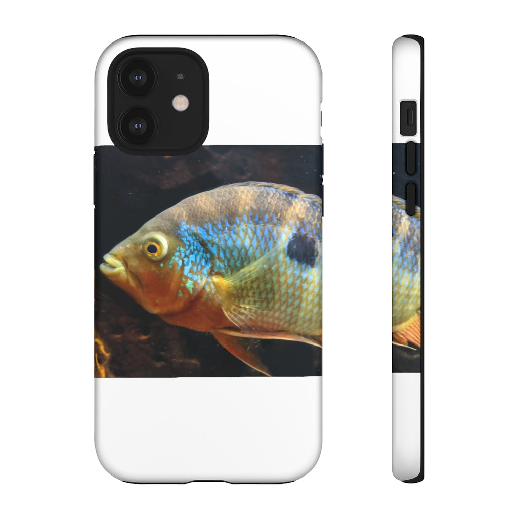Brown and orange fish design tough phone case with dual-layer protection and clear ports.
