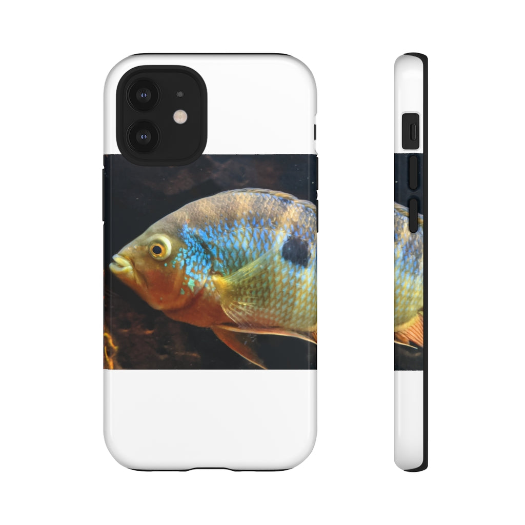 Brown and orange fish design tough phone case with dual-layer protection and clear ports.