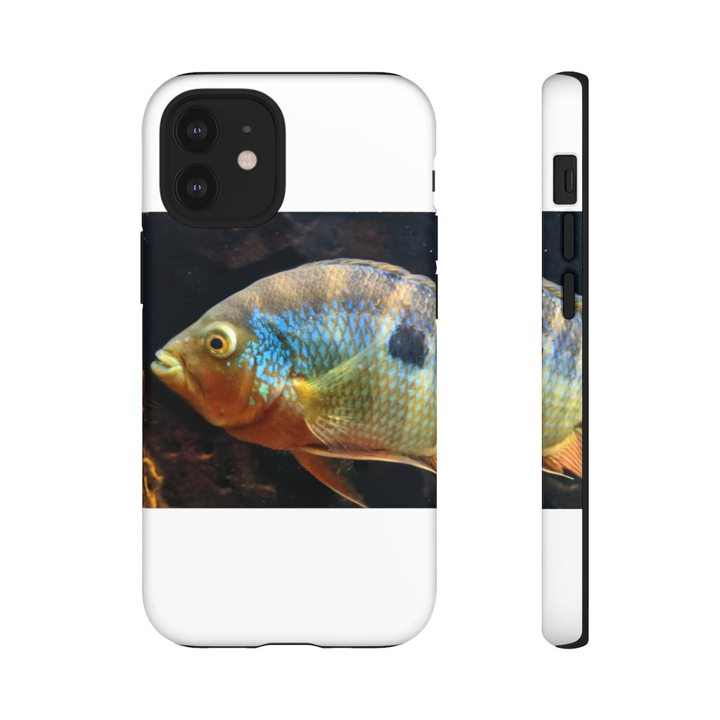 Brown and orange fish design tough phone case with dual-layer protection and clear ports.