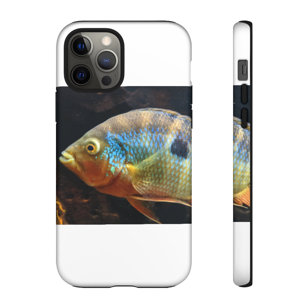 Brown and orange fish design tough phone case with dual-layer protection and clear ports.