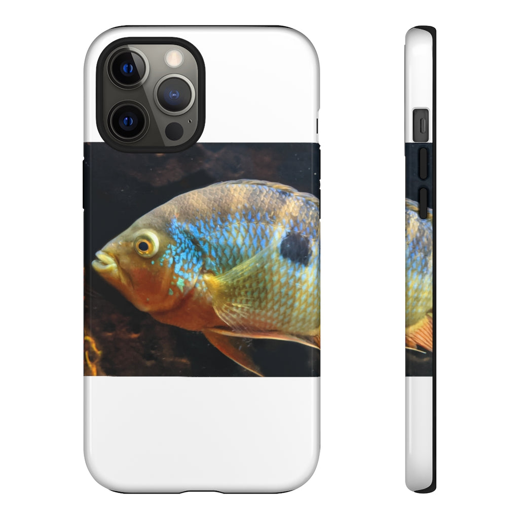 Brown and orange fish design tough phone case with dual-layer protection and clear ports.