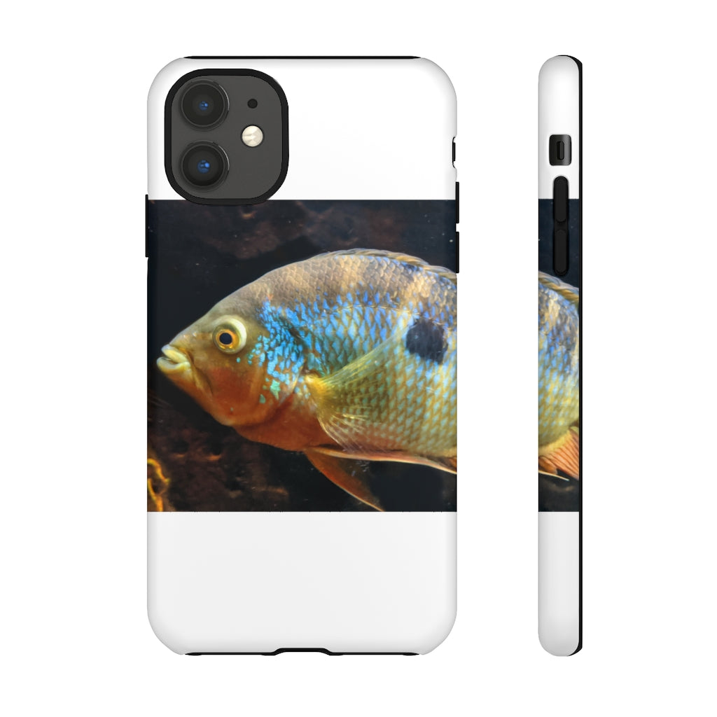 Brown and orange fish design tough phone case with dual-layer protection and clear ports.