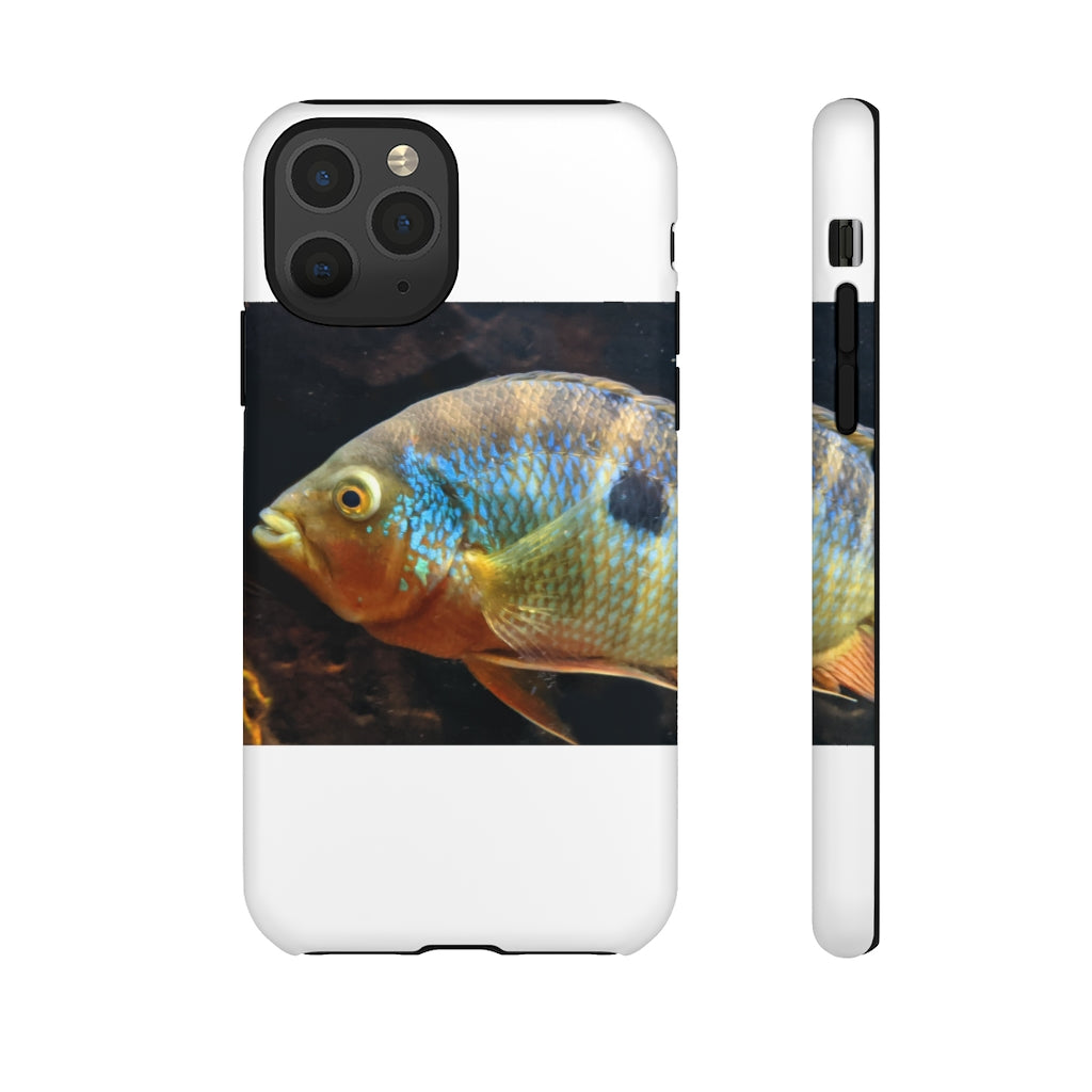 Brown and orange fish design tough phone case with dual-layer protection and clear ports.