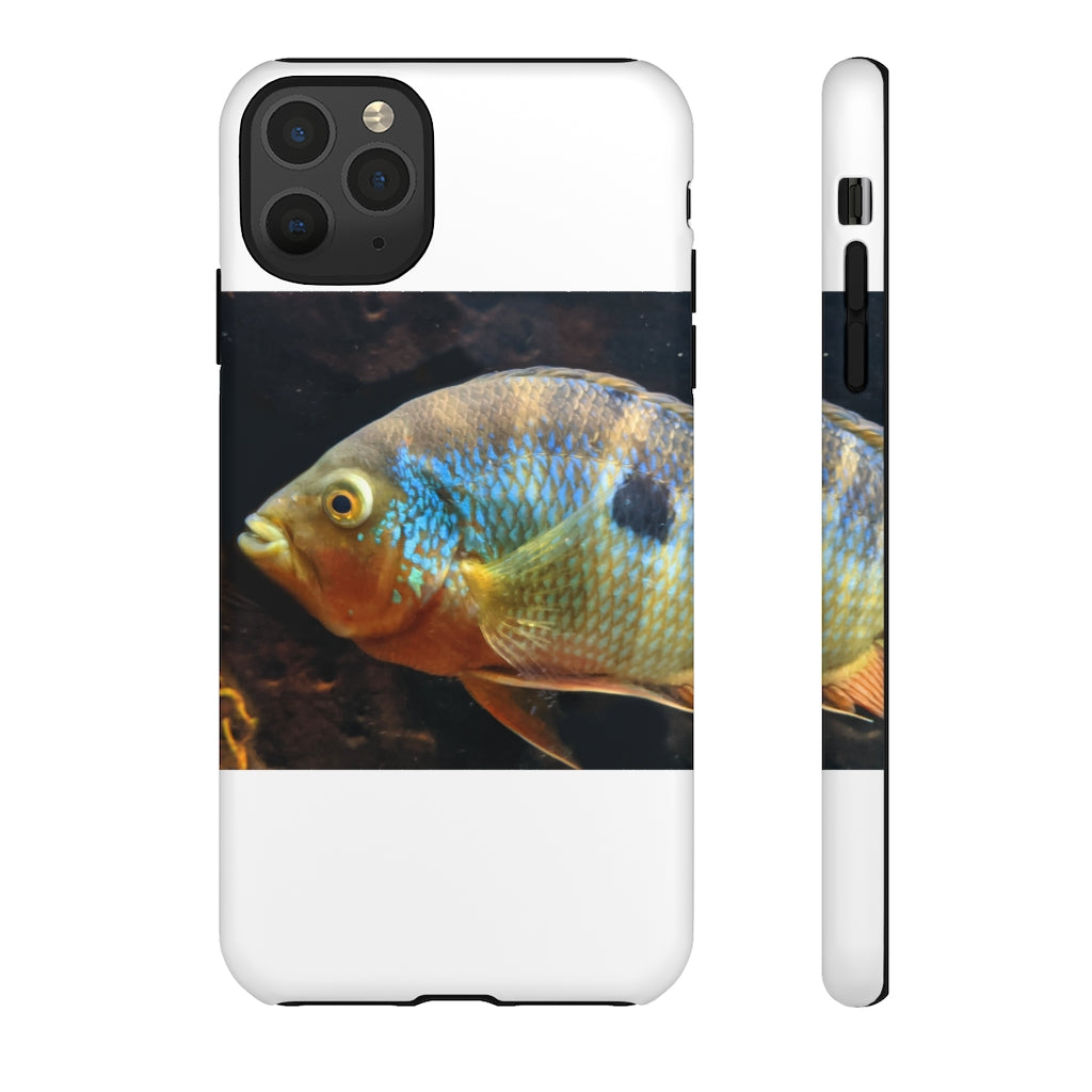 Brown and orange fish design tough phone case with dual-layer protection and clear ports.