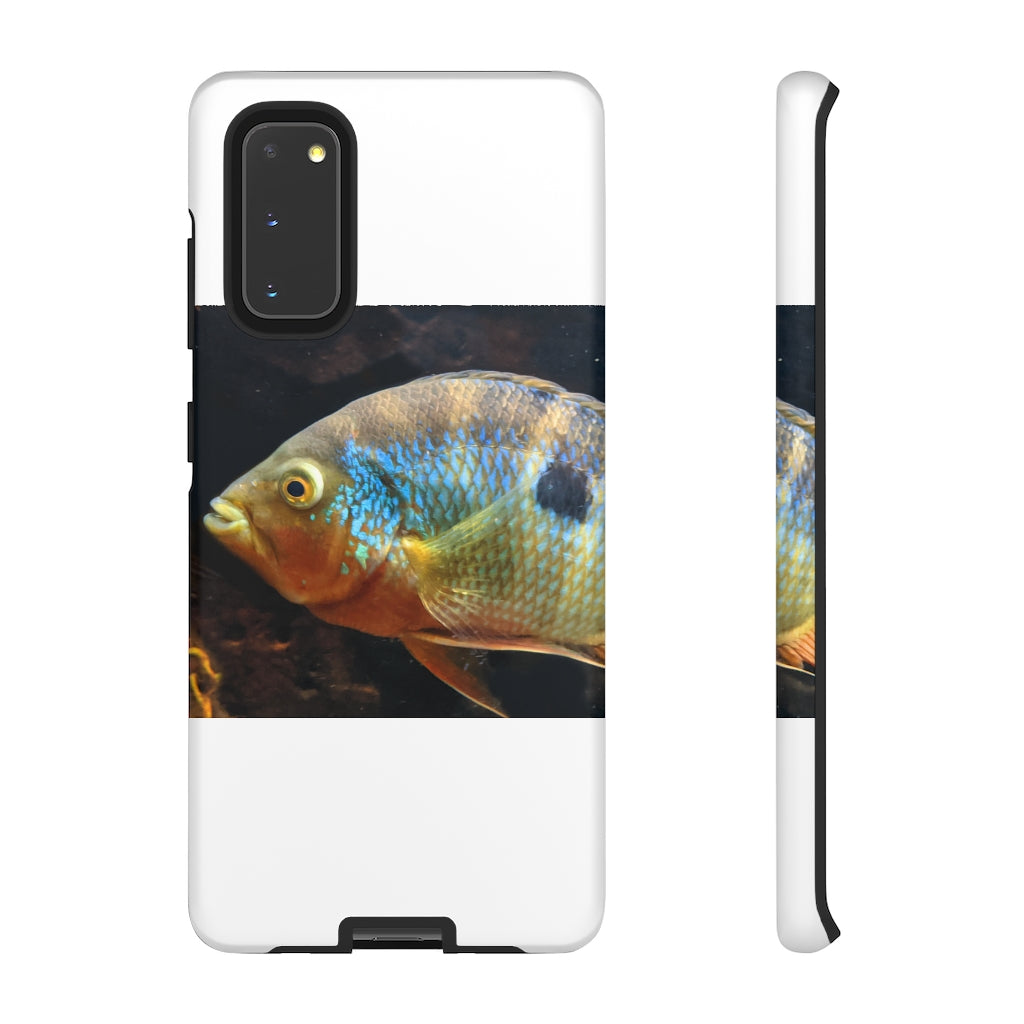 Brown and orange fish design tough phone case with dual-layer protection and clear ports.