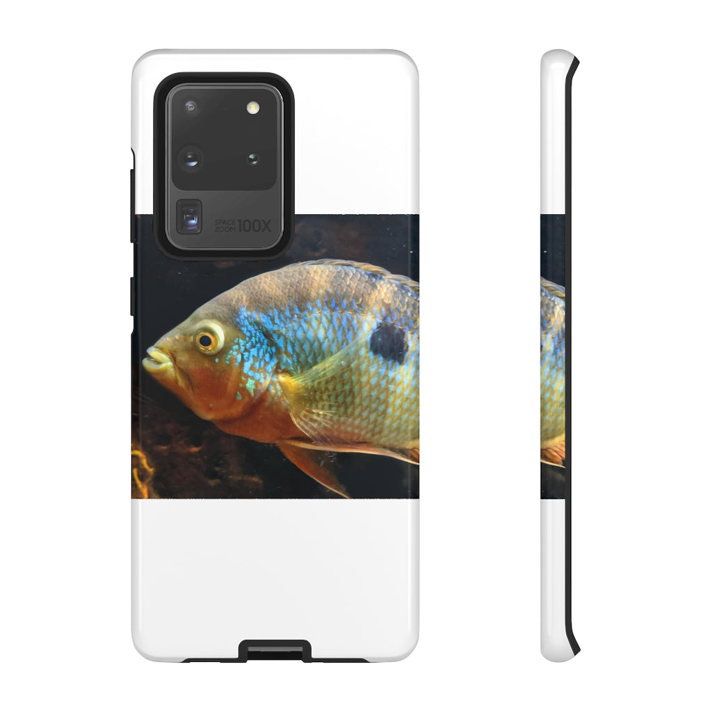 Brown and orange fish design tough phone case with dual-layer protection and clear ports.
