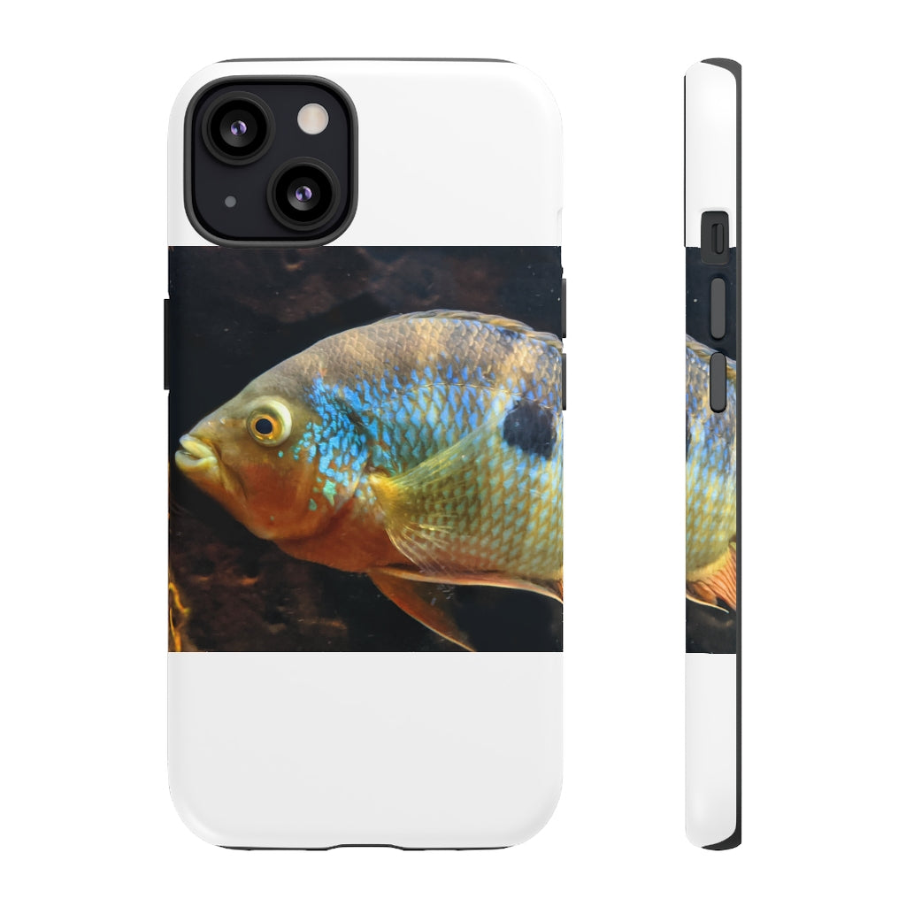 Brown and orange fish design tough phone case with dual-layer protection and clear ports.