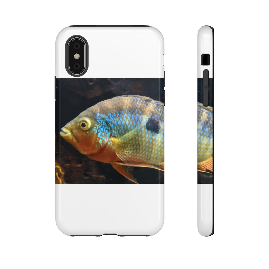 Brown and orange fish design tough phone case with dual-layer protection and clear ports.