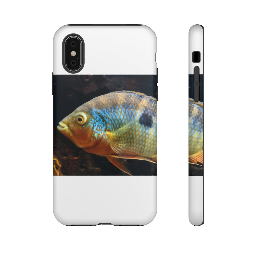 Brown and orange fish design tough phone case with dual-layer protection and clear ports.