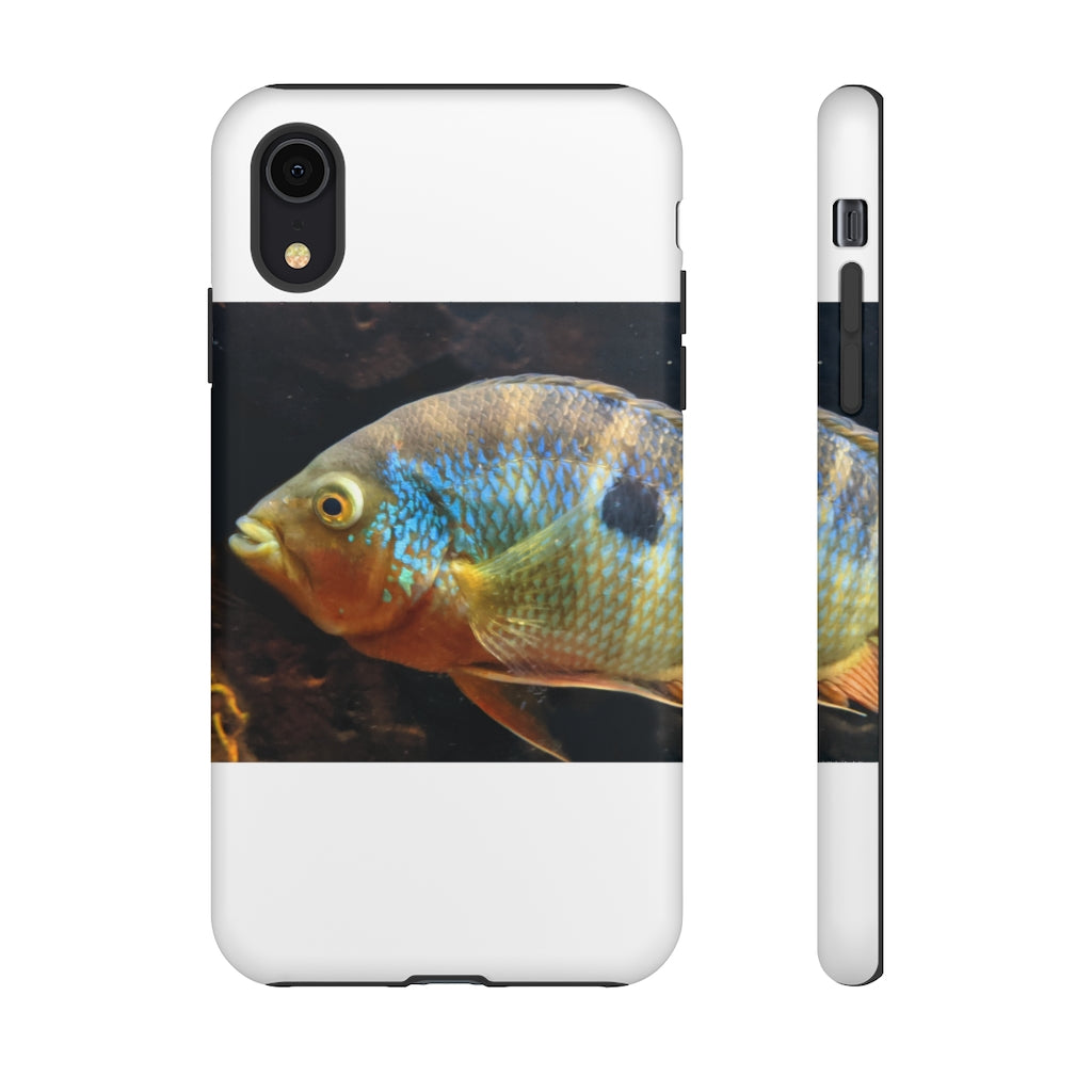 Brown and orange fish design tough phone case with dual-layer protection and clear ports.
