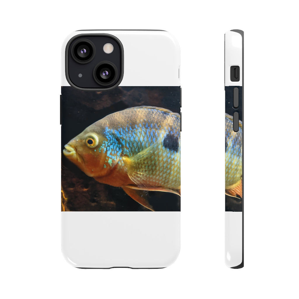 Brown and orange fish design tough phone case with dual-layer protection and clear ports.