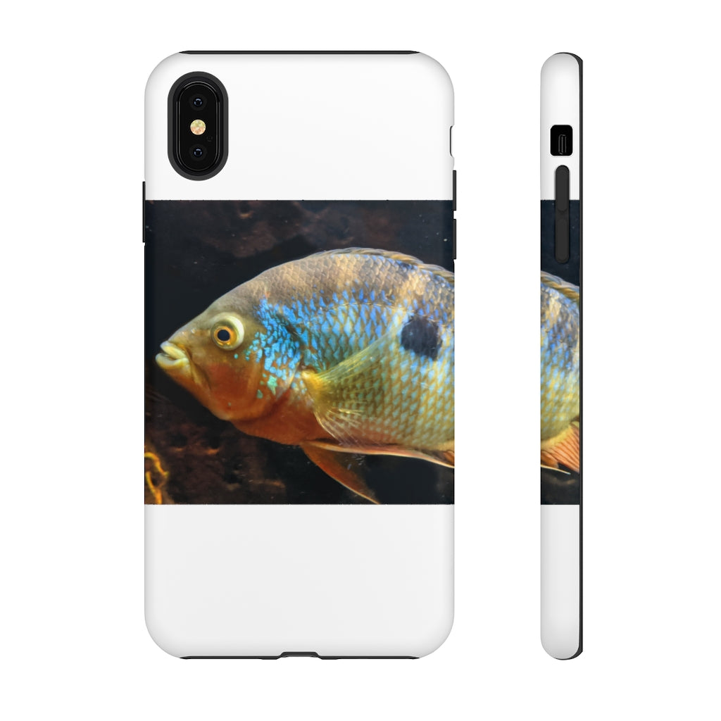 Brown and orange fish design tough phone case with dual-layer protection and clear ports.