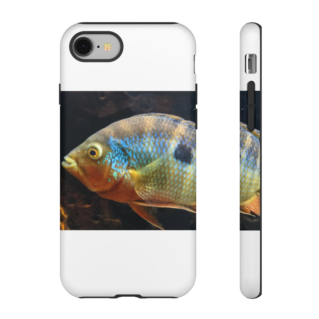 Brown and orange fish design tough phone case with dual-layer protection and clear ports.