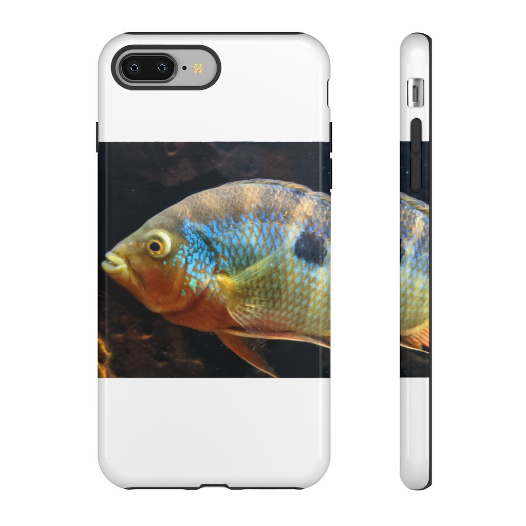 Brown and orange fish design tough phone case with dual-layer protection and clear ports.