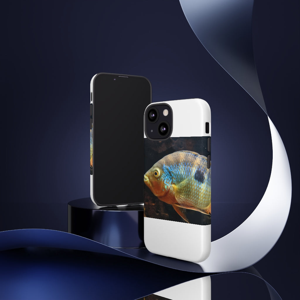 Brown and orange fish design tough phone case with dual-layer protection and clear ports.