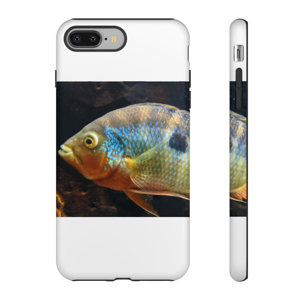Brown and orange fish design tough phone case with dual-layer protection and clear ports.