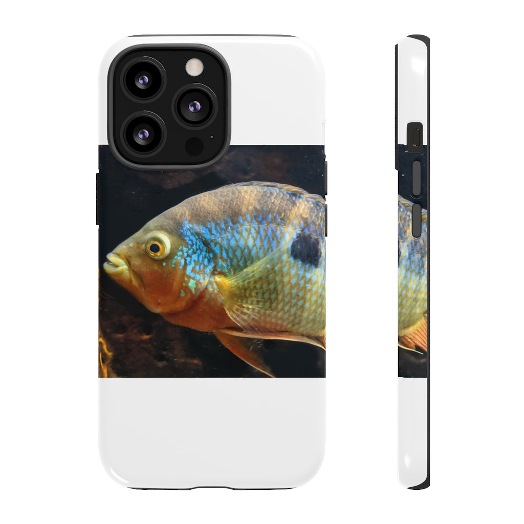 Brown and orange fish design tough phone case with dual-layer protection and clear ports.