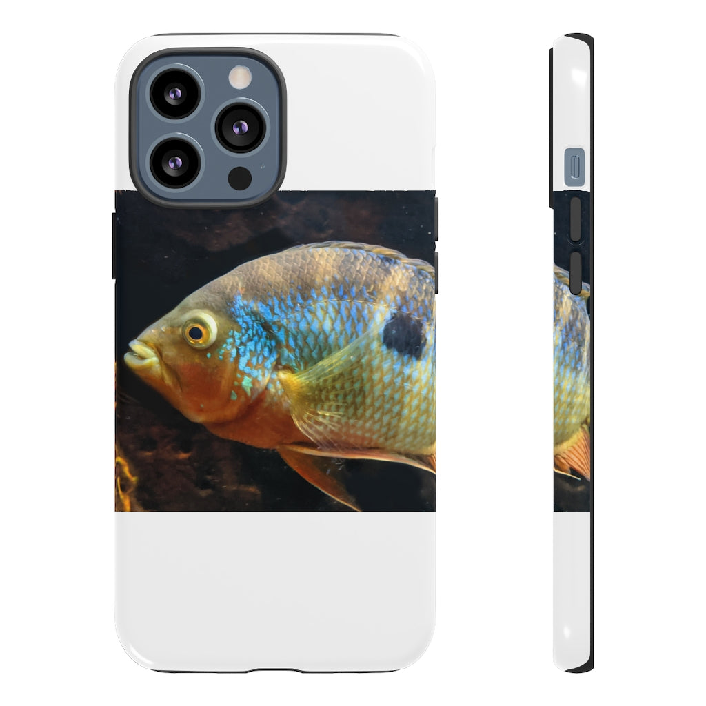 Brown and orange fish design tough phone case with dual-layer protection and clear ports.