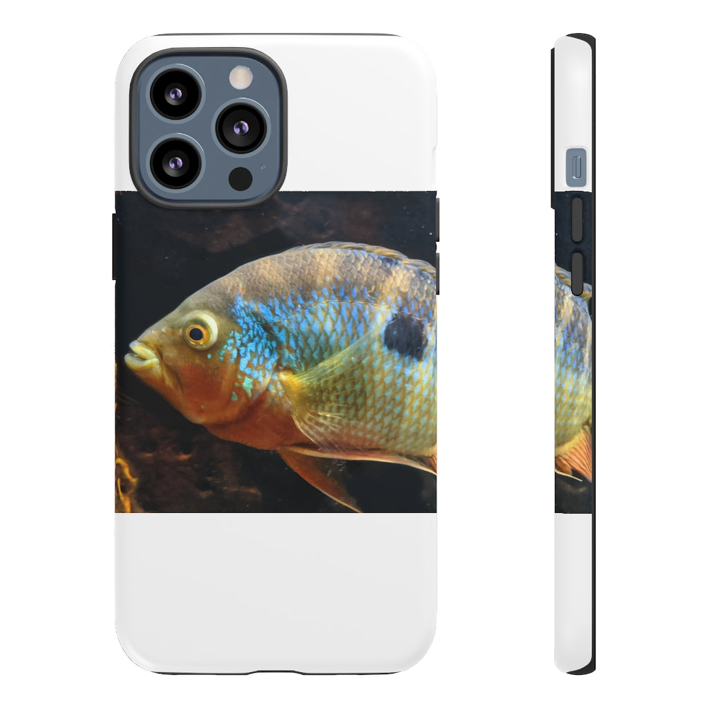 Brown and orange fish design tough phone case with dual-layer protection and clear ports.
