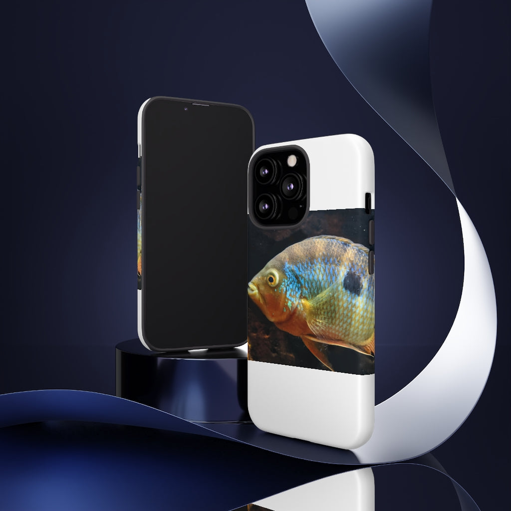 Brown and orange fish design tough phone case with dual-layer protection and clear ports.