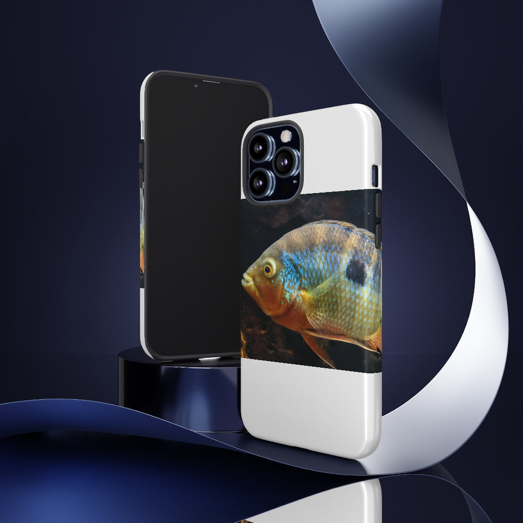 Brown and orange fish design tough phone case with dual-layer protection and clear ports.