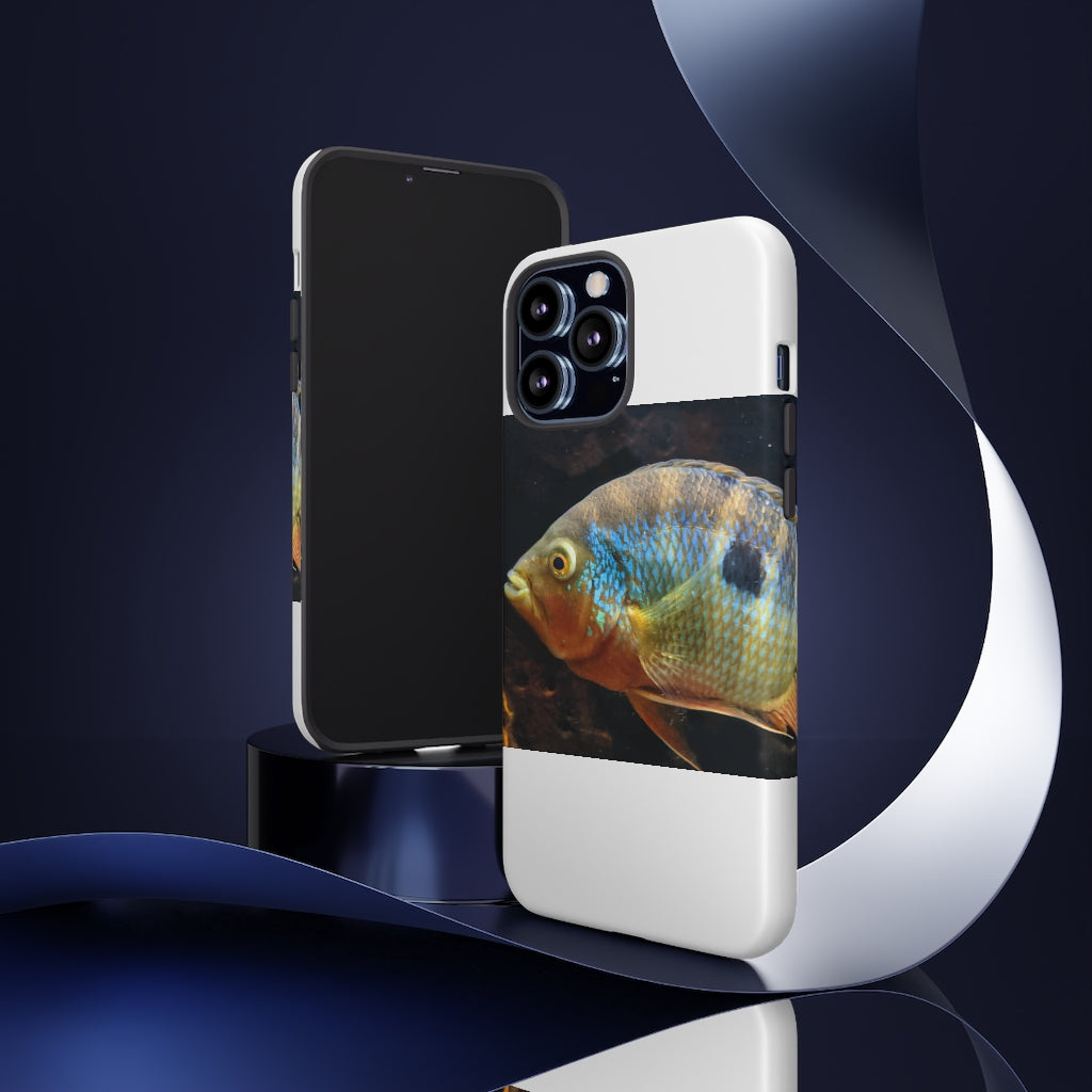 Brown and orange fish design tough phone case with dual-layer protection and clear ports.