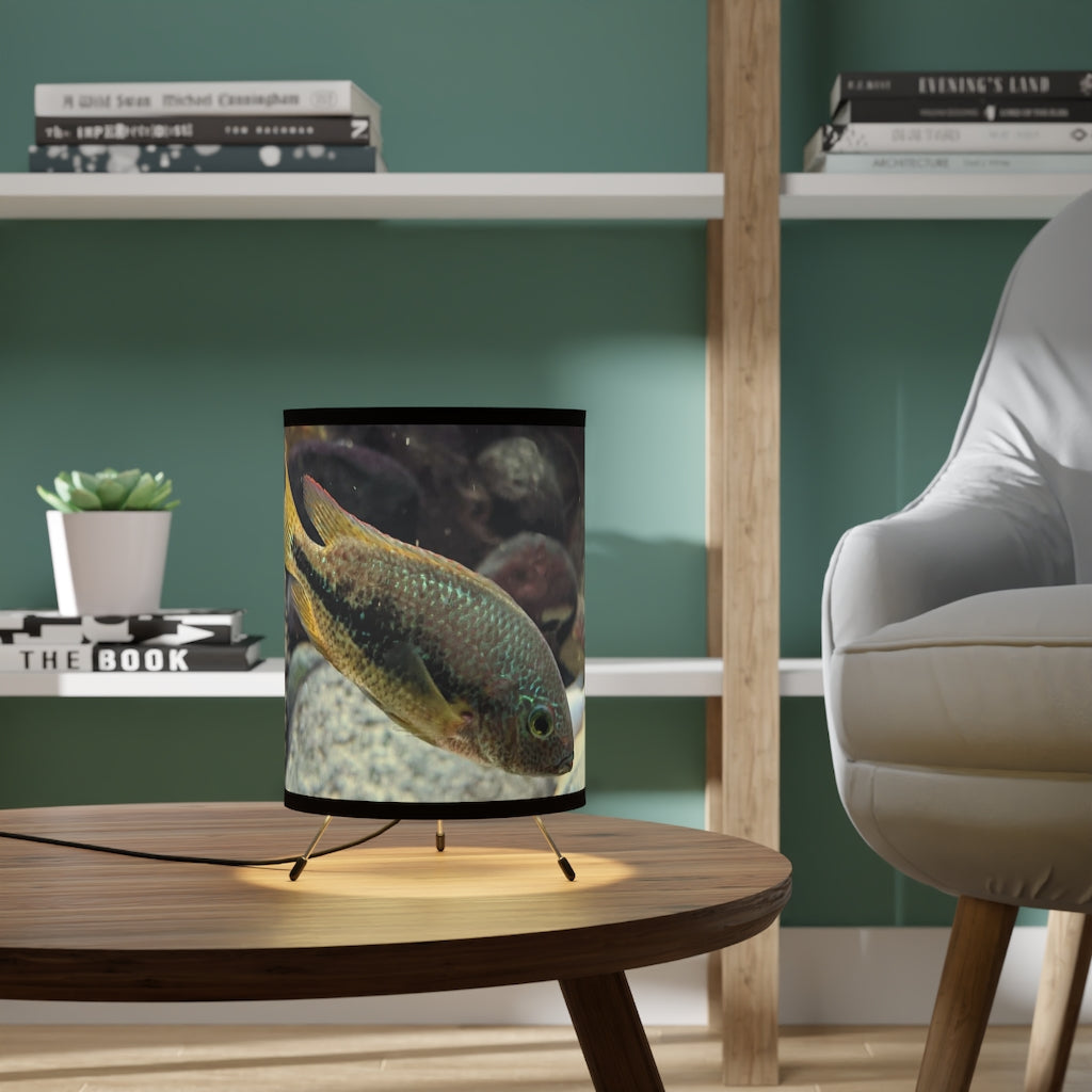 Brown and orange fish tripod lamp with high-resolution printed shade, featuring a galvanized steel base and stylish design.