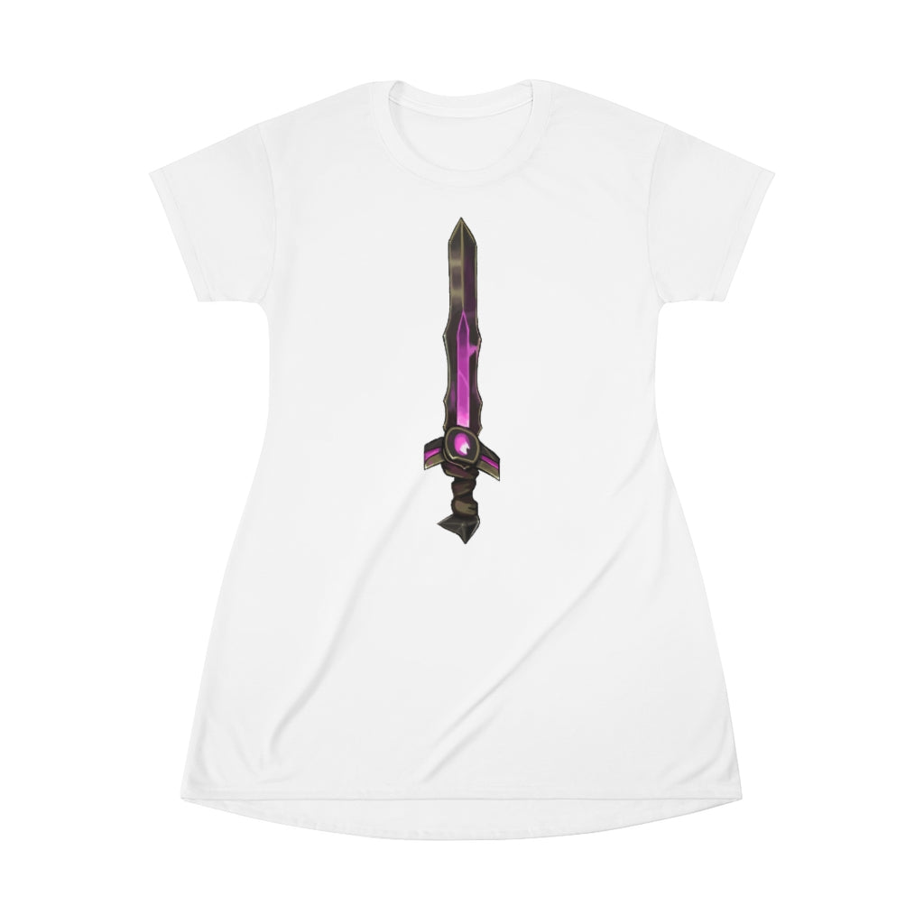 Brown and purple sword all-over print t-shirt dress, showcasing vibrant colors and unique design.