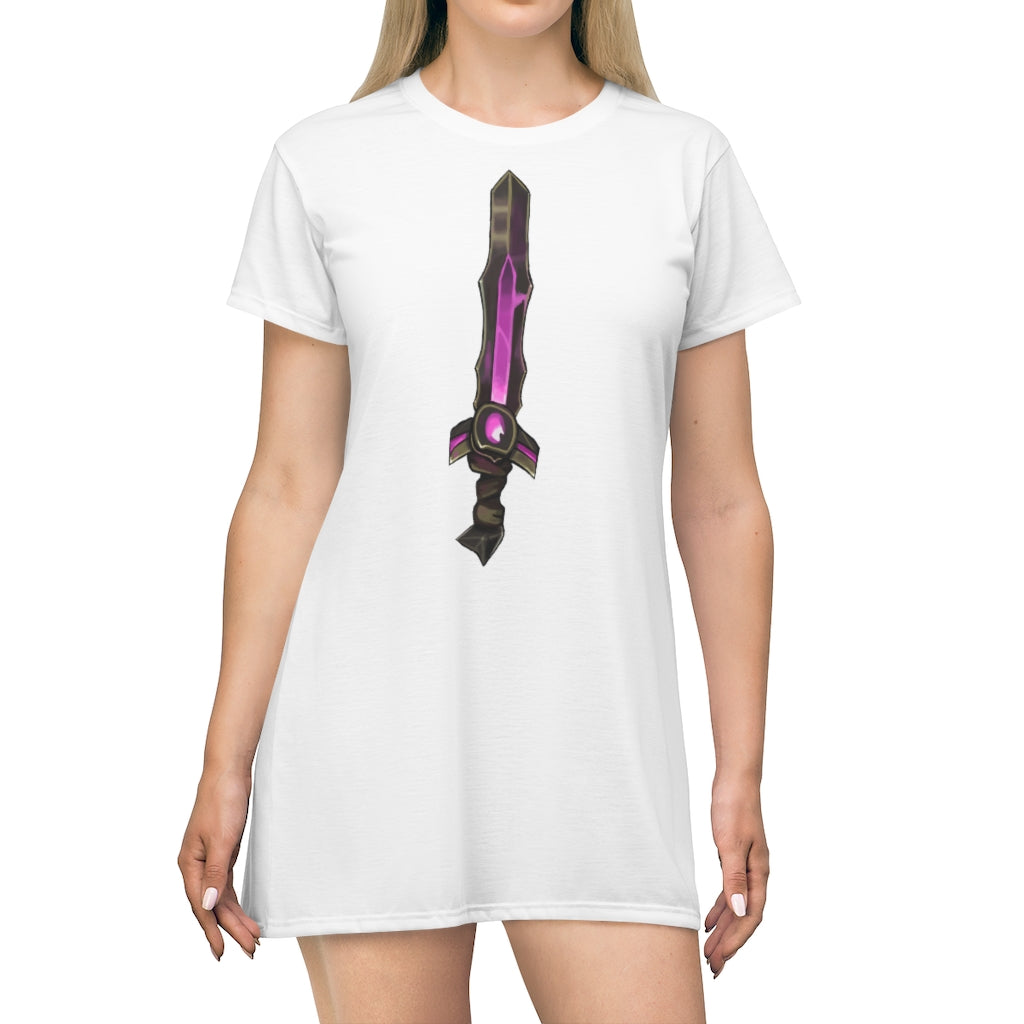 Brown and purple sword all-over print t-shirt dress, showcasing vibrant colors and unique design.