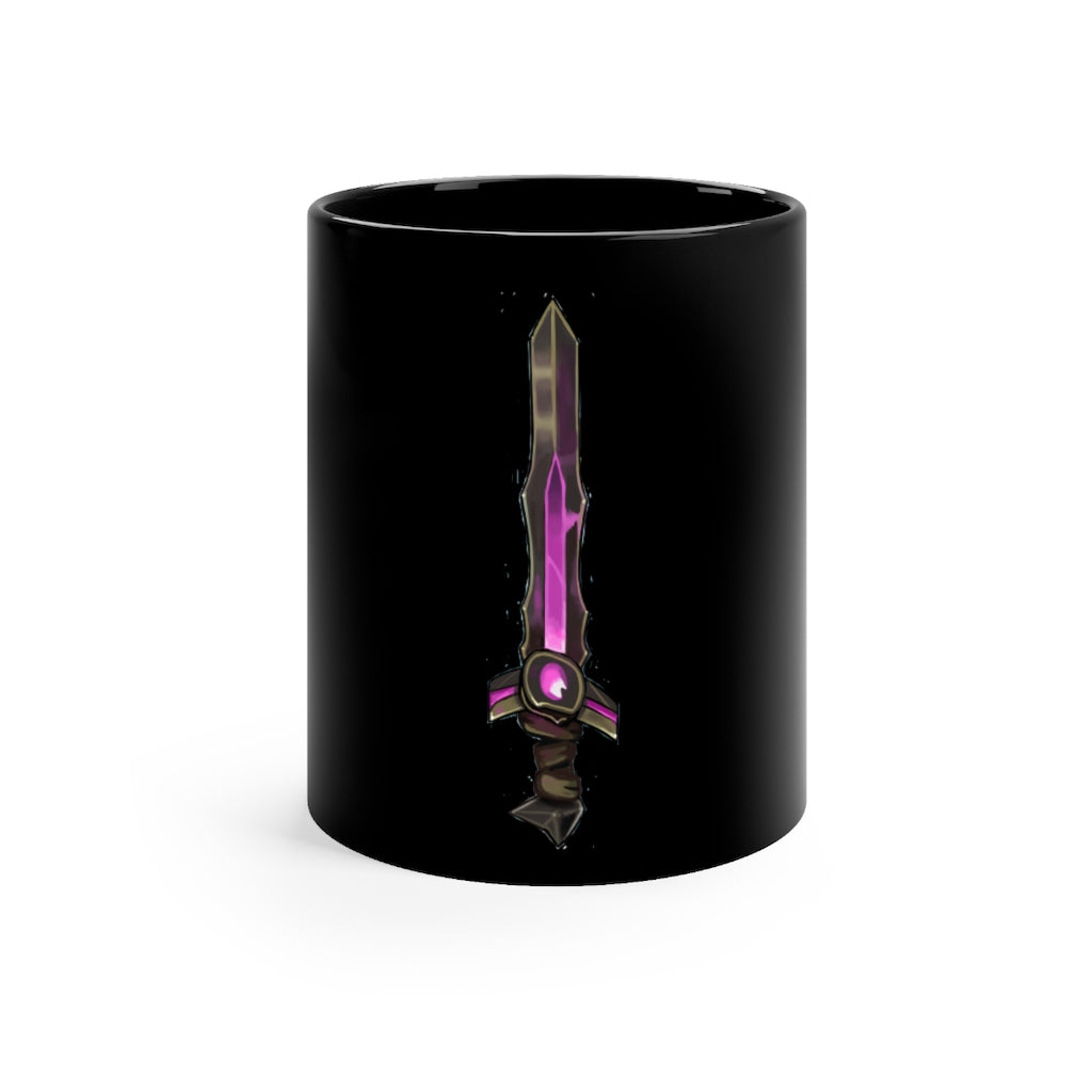 A stylish 11oz black ceramic mug featuring a brown and purple sword design, perfect for coffee or tea.