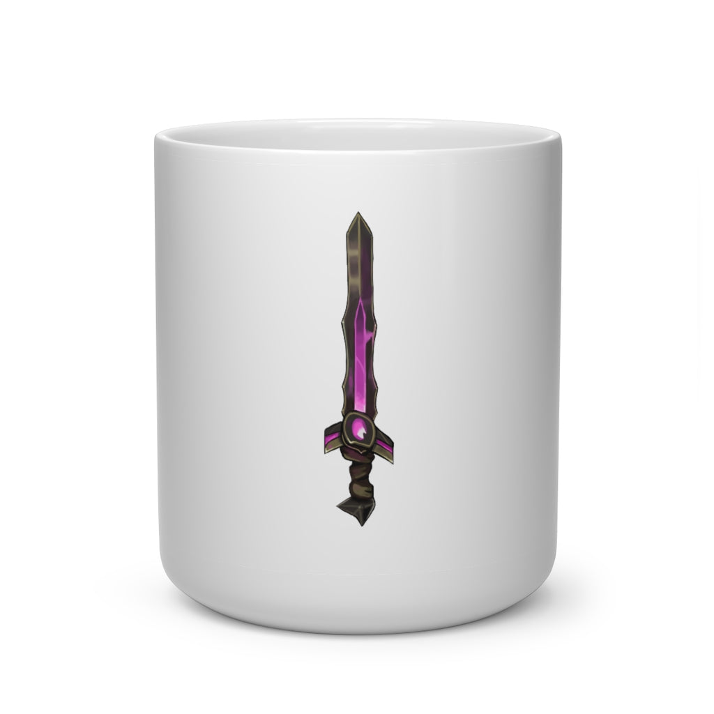Brown and purple heart-shaped mug with a unique sword design, perfect for hot beverages.