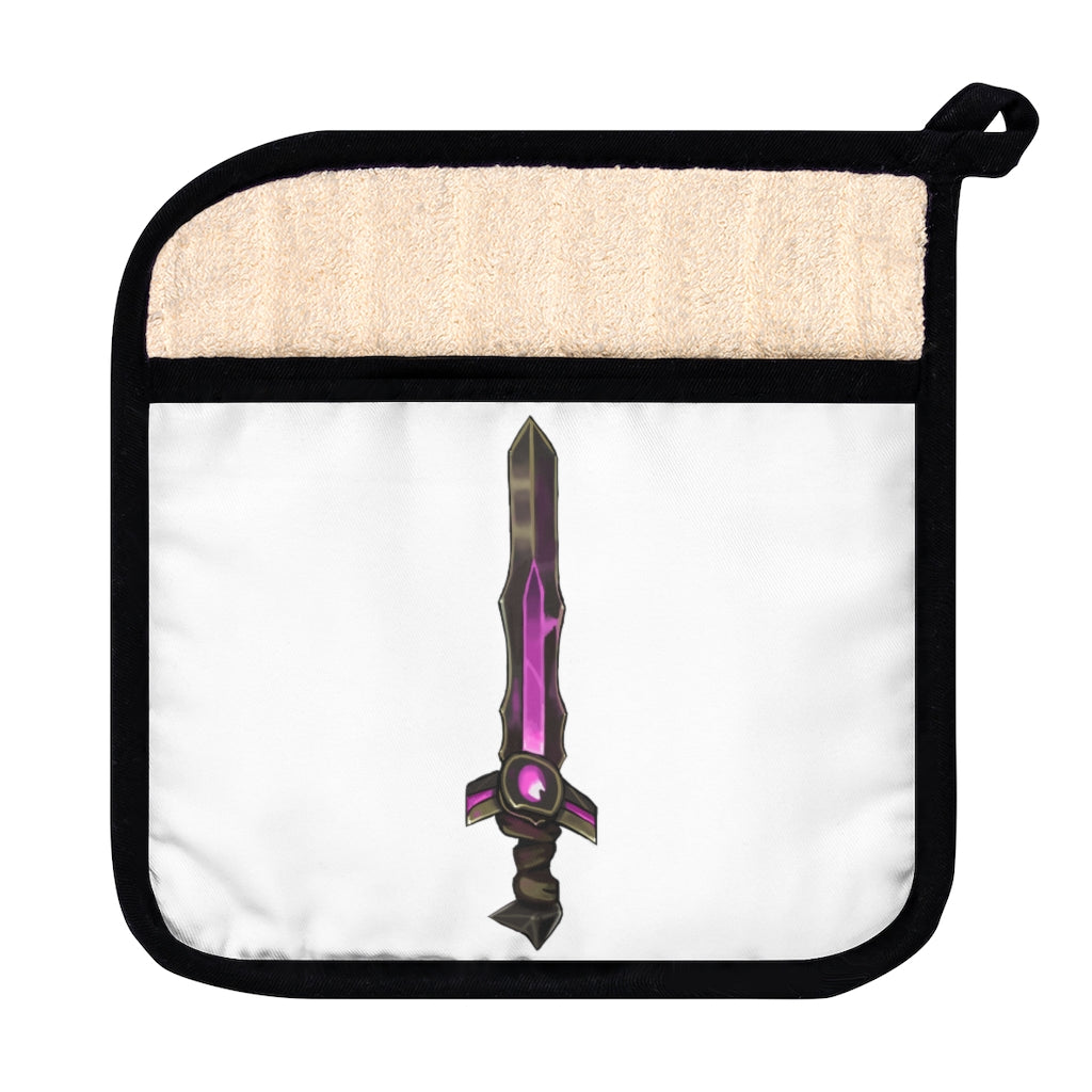 Brown and purple sword pot holder with pocket, featuring a stylish design and black cotton hanging loop.