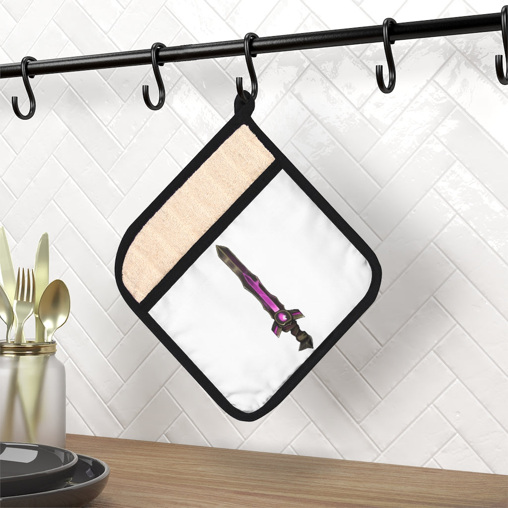 Brown and purple sword pot holder with pocket, featuring a stylish design and black cotton hanging loop.