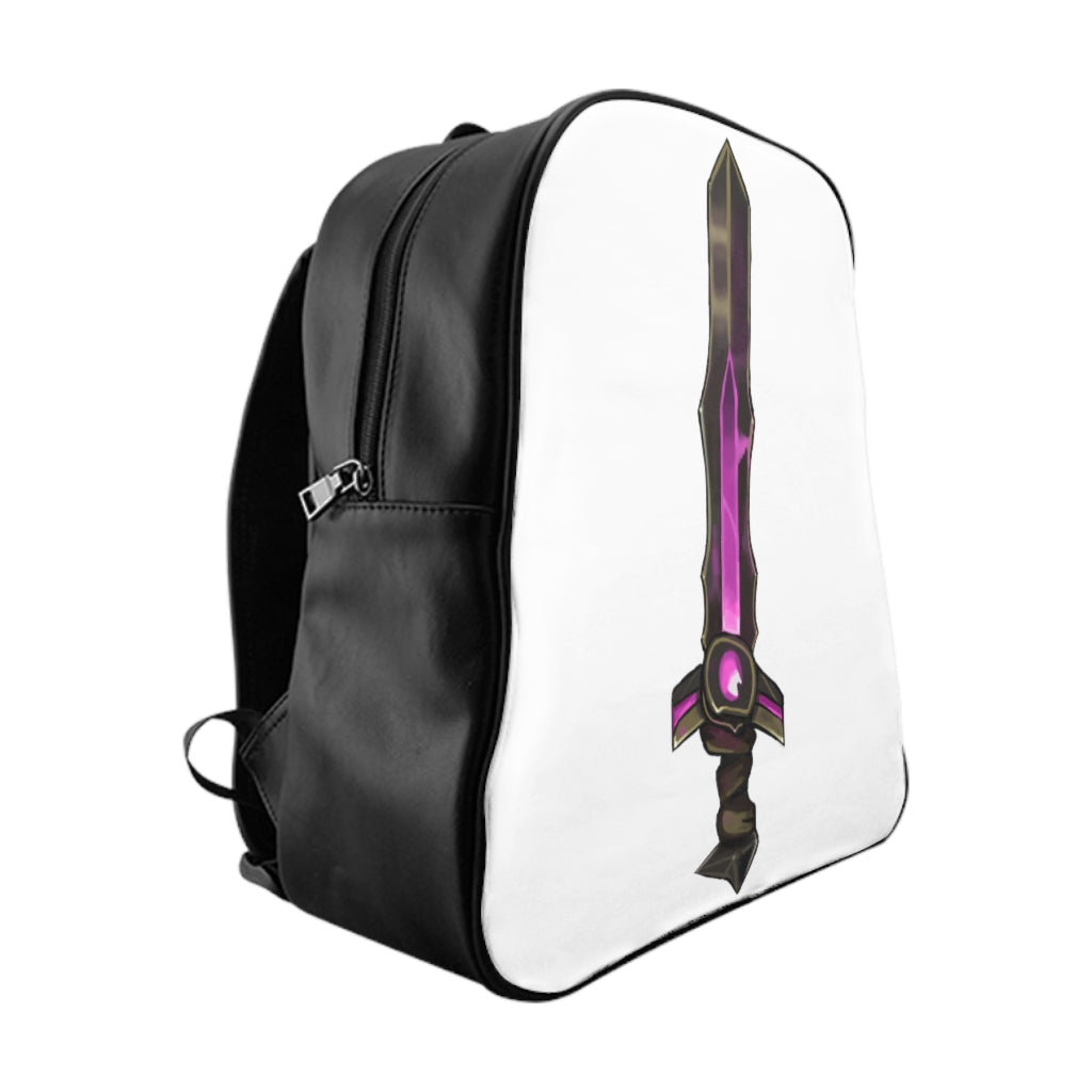 Brown and purple sword school backpack featuring padded back and multiple inside pockets, ideal for school and everyday use.