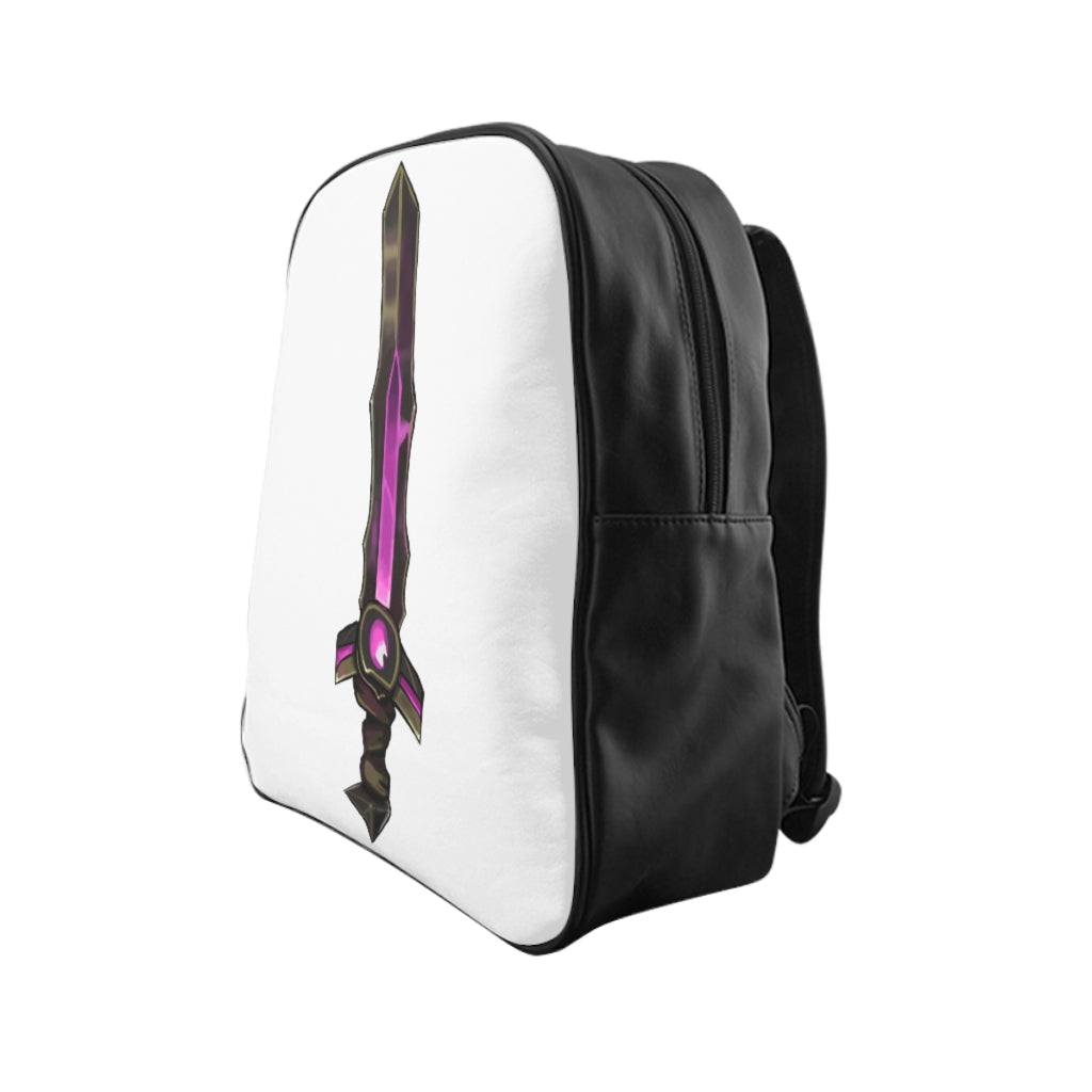 Brown and purple sword school backpack featuring padded back and multiple inside pockets, ideal for school and everyday use.