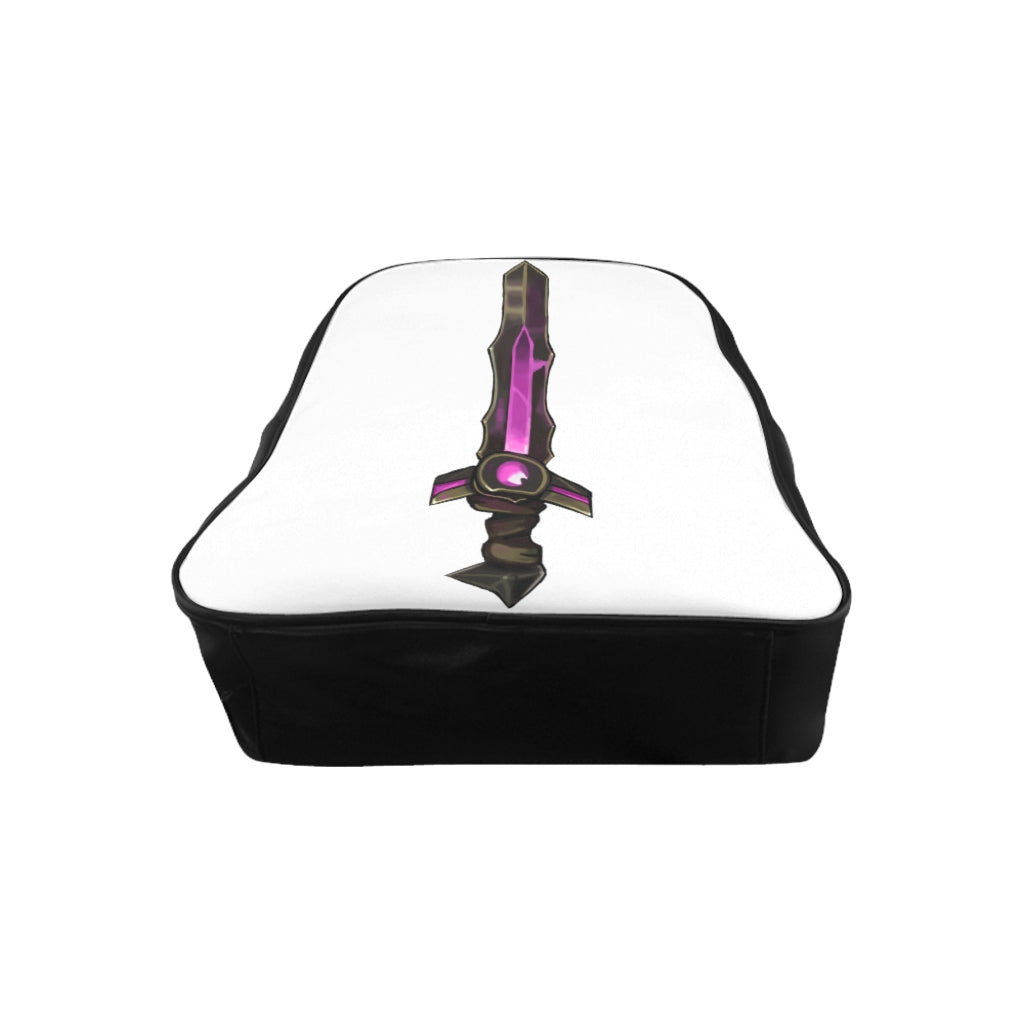 Brown and purple sword school backpack featuring padded back and multiple inside pockets, ideal for school and everyday use.