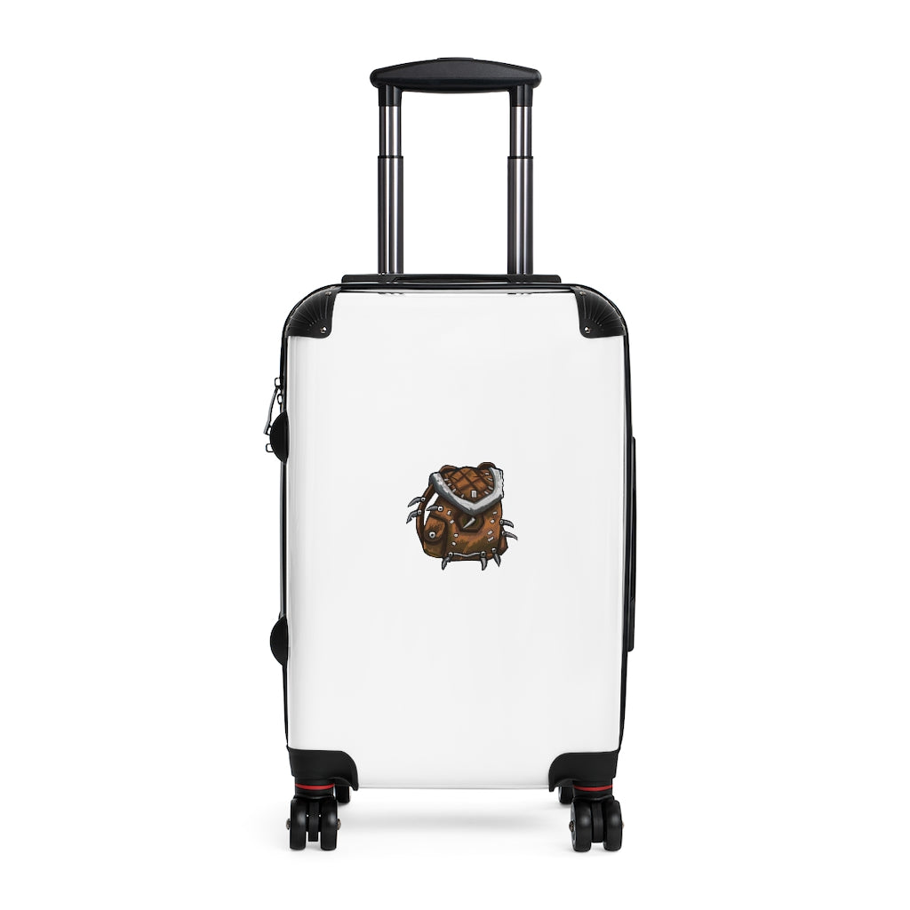 Brown Bag Cabin Suitcase with personalized design, featuring a polycarbonate front and ABS back, adjustable handle, and 360° swivel wheels.