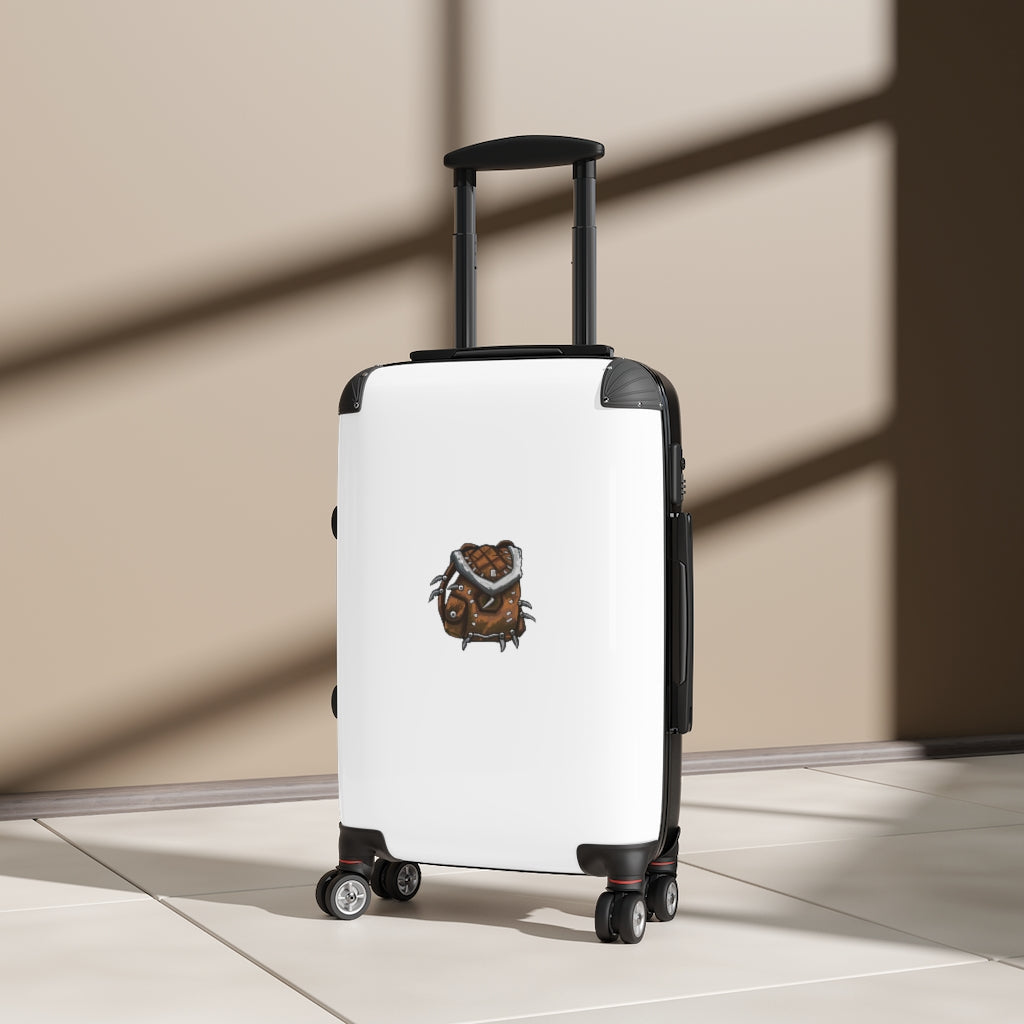 Brown Bag Cabin Suitcase with personalized design, featuring a polycarbonate front and ABS back, adjustable handle, and 360° swivel wheels.