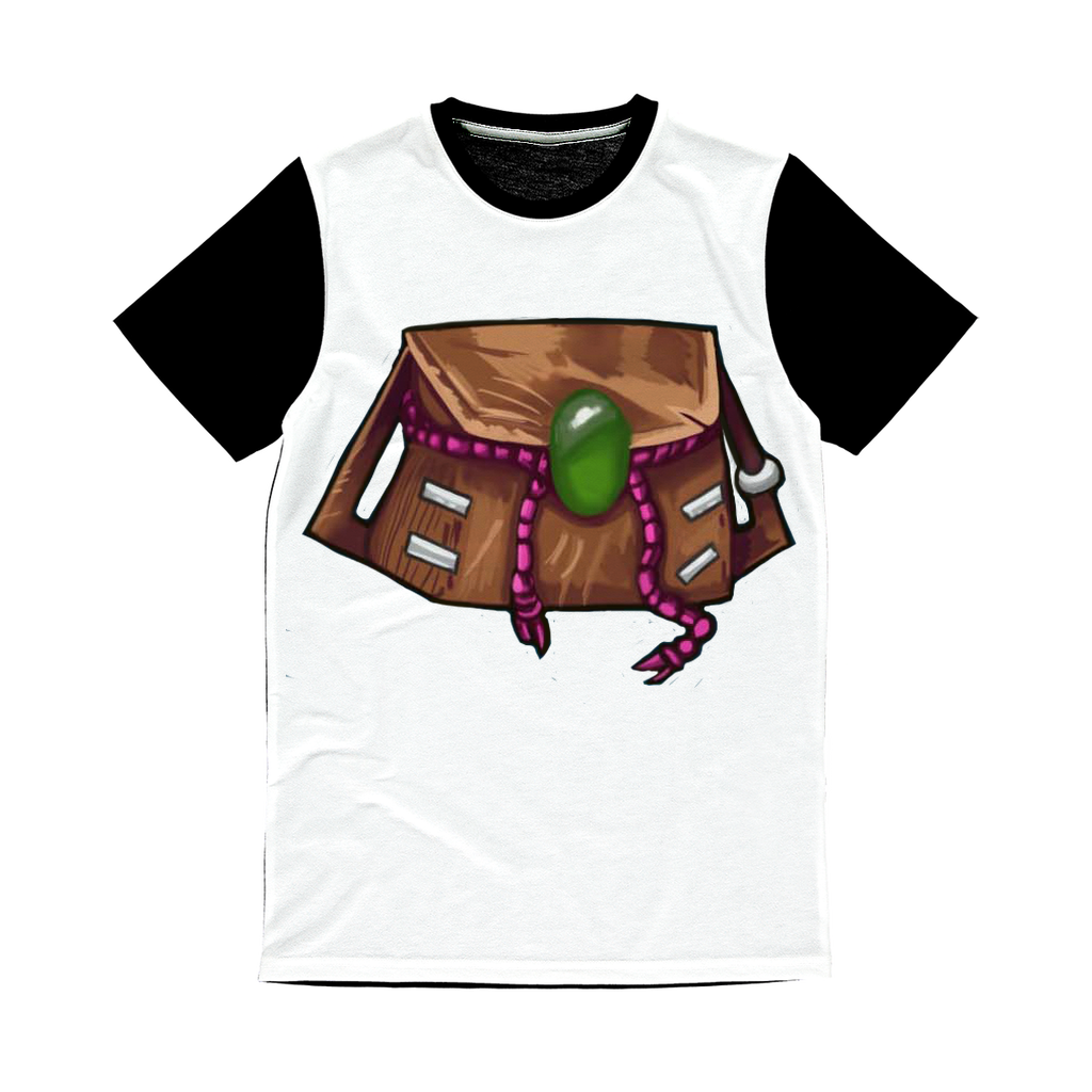 Brown Bag Classic Sublimation Panel T-Shirt featuring a vibrant front design and a plain black back, ideal for sublimation printing.