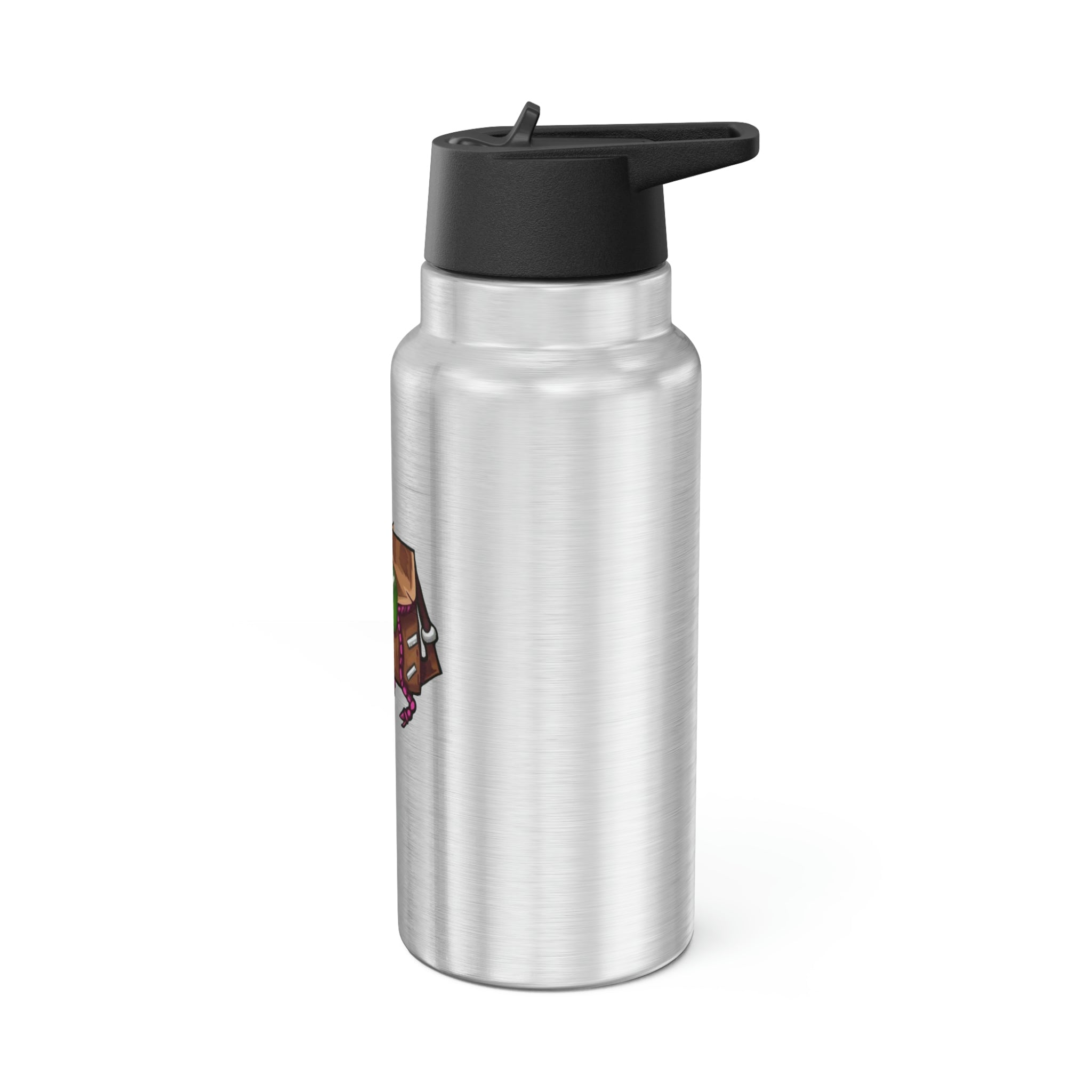 Brown Bag Gator Tumbler in stainless steel with a black plastic cap and straw, showcasing a customizable design.