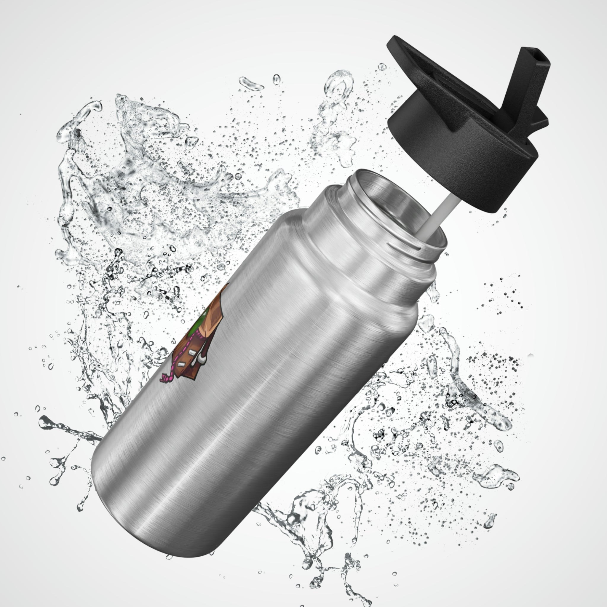 Brown Bag Gator Tumbler in stainless steel with a black plastic cap and straw, showcasing a customizable design.