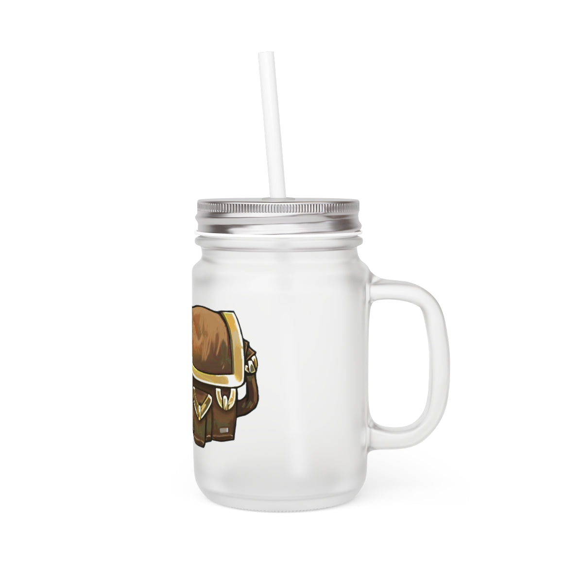 A stylish Brown Bag Mason Jar made of frosted glass, featuring a straw and lid, perfect for drinks.