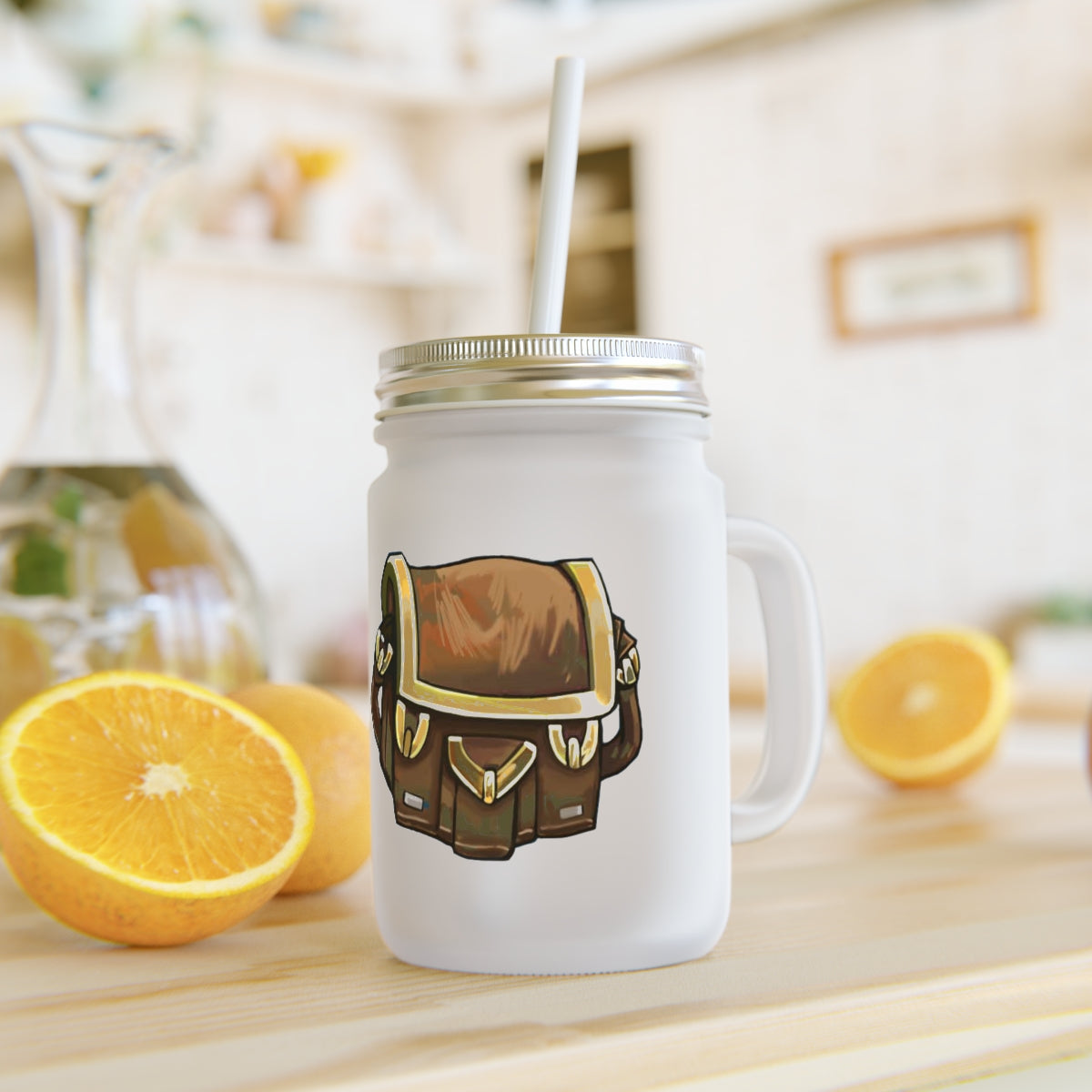 A stylish Brown Bag Mason Jar made of frosted glass, featuring a straw and lid, perfect for drinks.