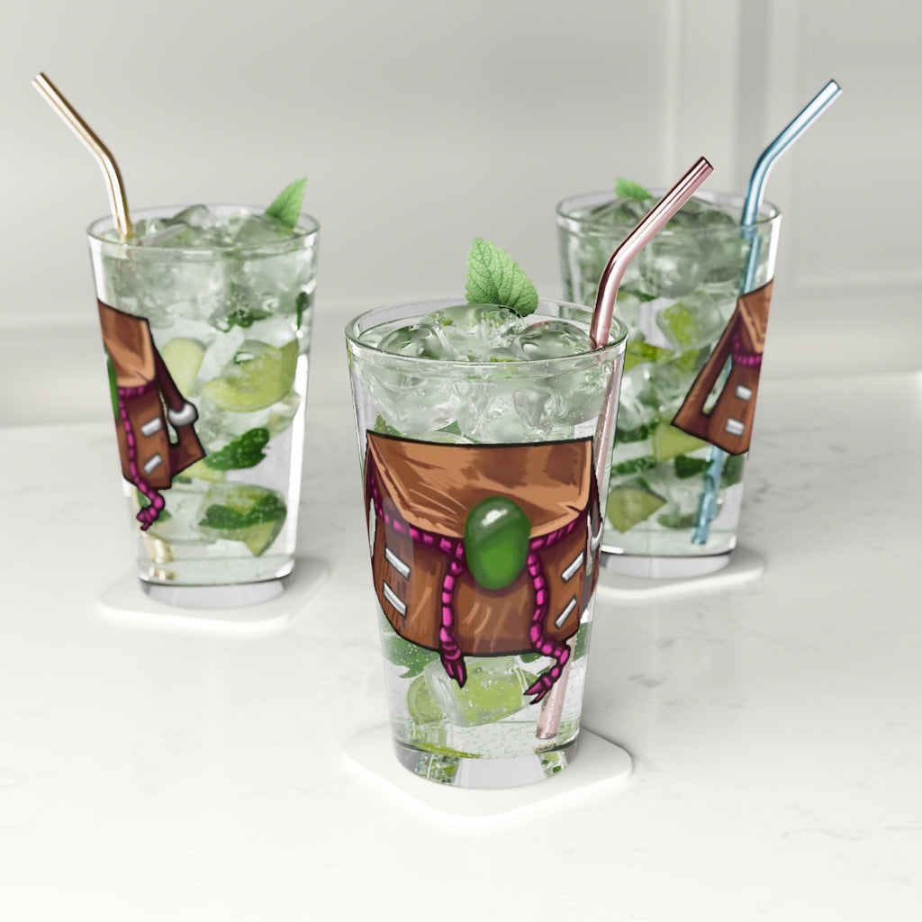 A clear 16oz Brown Bag Pint Glass showcasing its elegant design, perfect for personalized drinks.