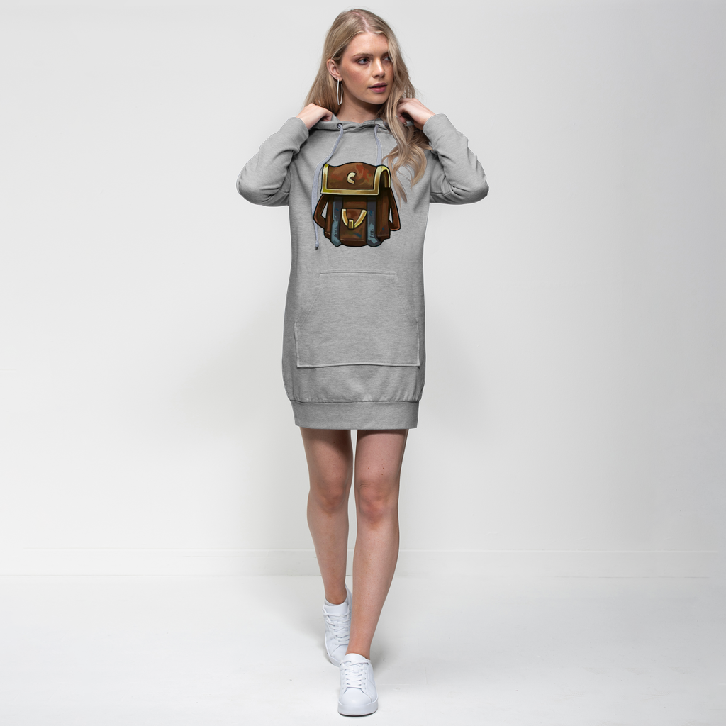 Brown Bag Premium Adult Hoodie Dress featuring a relaxed fit, hood with drawstring, and kangaroo pouch pocket, made from soft cotton blend fabric.