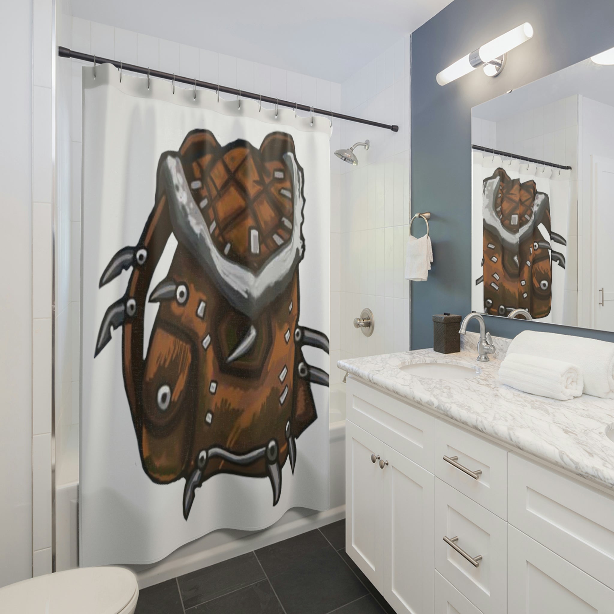 Brown Bag Shower Curtain made of durable polyester with a unique design, perfect for adding style to any bathroom.